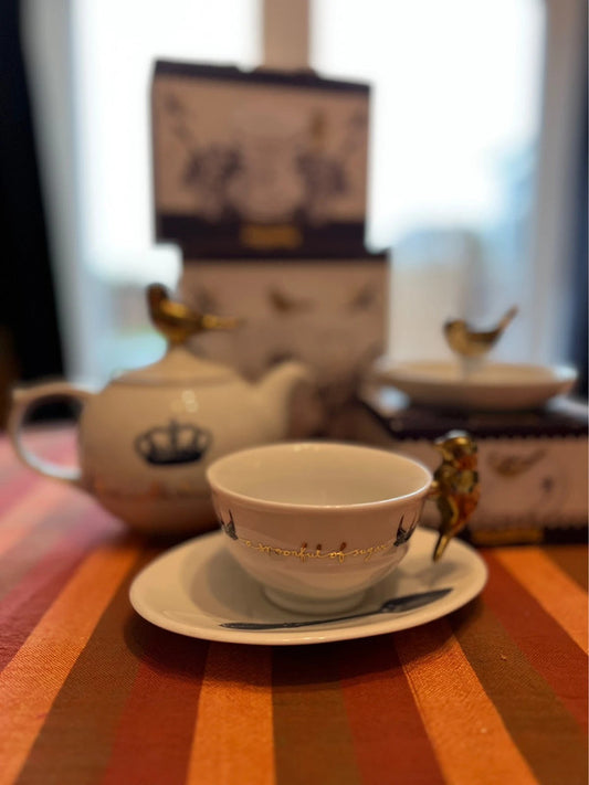 Rare M&S Marks and Spencer Porcelain Bird Song 3 piece set. Tea Pot, Trinket Tray, Tea Cup & Saucer